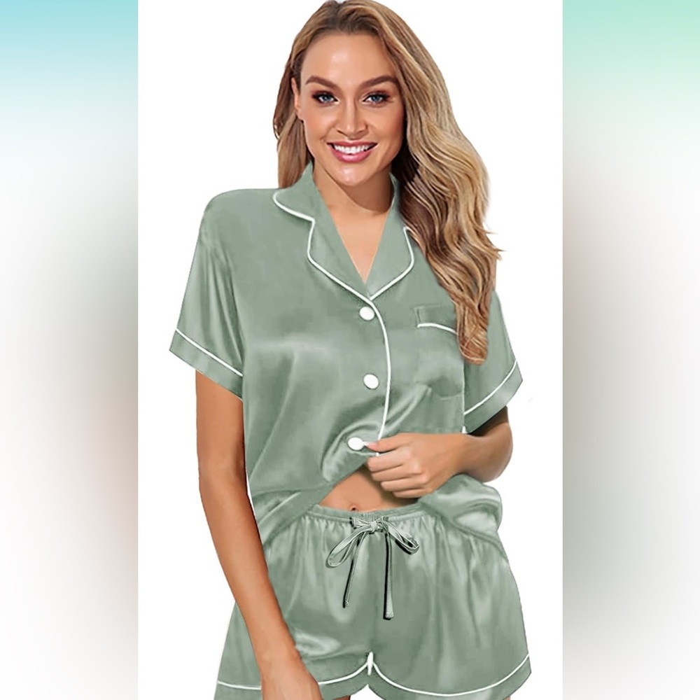 Amazon Green Satin Pajama Top with White Piping